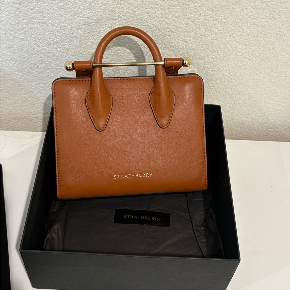 Strathberry nano tote Bag with chain chestnut color